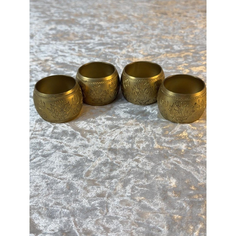 Vintage Brass Napkin Rings Set of 4 Etched Floral Boho Table Decor Gold